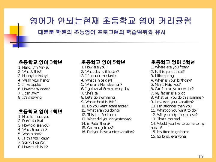 영어가 안되는현재 초등학교 영어 커리큘럼 대분분 학원의 초등영어 프로그램의 학습범위와 유사 초등학교 영어 3학년