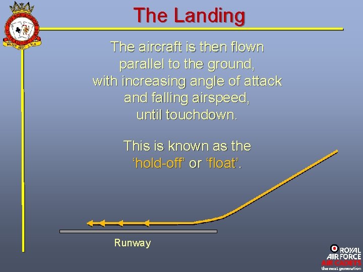 The Landing The aircraft is then flown parallel to the ground, with increasing angle