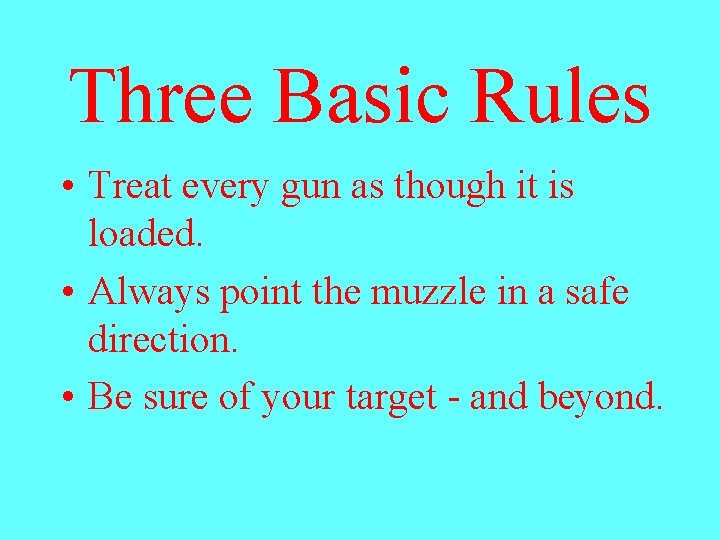 Three Basic Rules • Treat every gun as though it is loaded. • Always