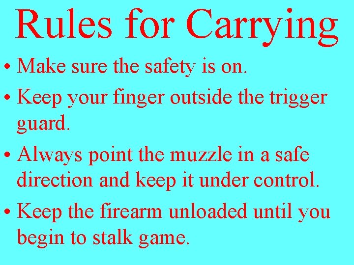 Rules for Carrying • Make sure the safety is on. • Keep your finger