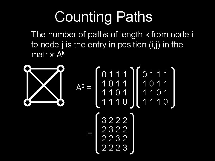 Counting Paths The number of paths of length k from node i to node Counting Paths The number of paths of length k from node i to node