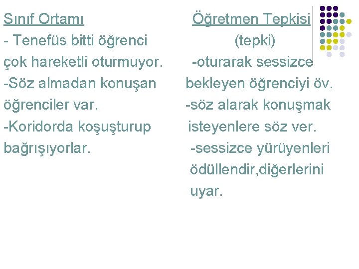 Sınıf Ortamı - Tenefüs bitti öğrenci çok hareketli oturmuyor. -Söz almadan konuşan öğrenciler var.