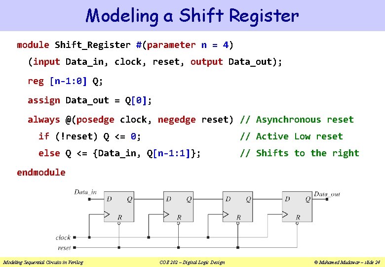 Modeling a Shift Register module Shift_Register #(parameter n = 4) (input Data_in, clock, reset,