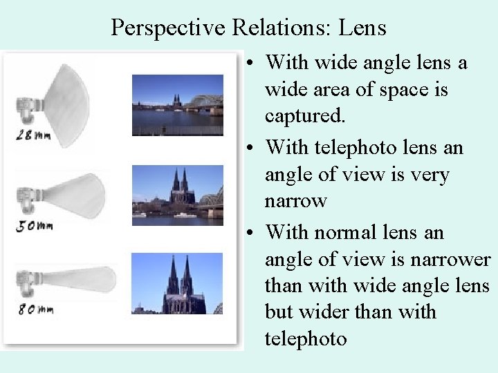 Perspective Relations: Lens • With wide angle lens a wide area of space is