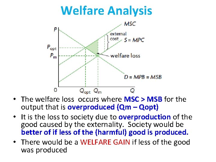 Welfare Analysis • The welfare loss occurs where MSC > MSB for the output