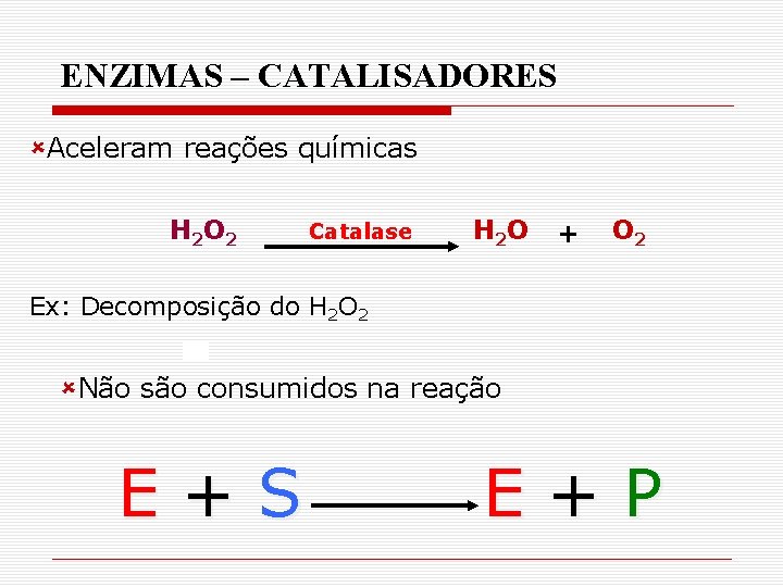 ENZIMAS – CATALISADORES ûAceleram reações químicas H 2 O 2 Catalase H 2 O ENZIMAS – CATALISADORES ûAceleram reações químicas H 2 O 2 Catalase H 2 O