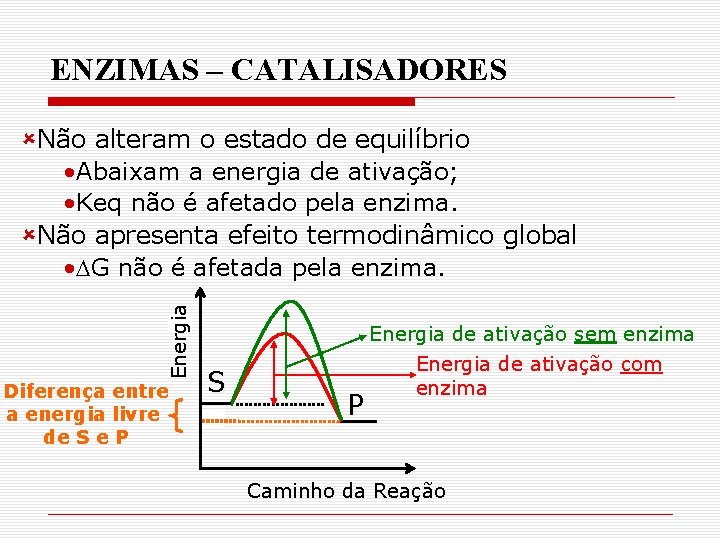 ENZIMAS – CATALISADORES Energia ûNão alteram o estado de equilíbrio • Abaixam a energia ENZIMAS – CATALISADORES Energia ûNão alteram o estado de equilíbrio • Abaixam a energia