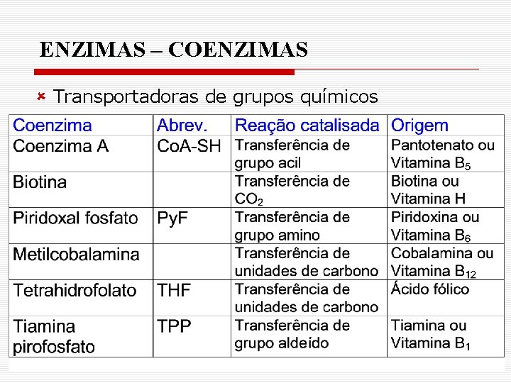 ENZIMAS – COENZIMAS û Transportadoras de grupos químicos ENZIMAS – COENZIMAS û Transportadoras de grupos químicos