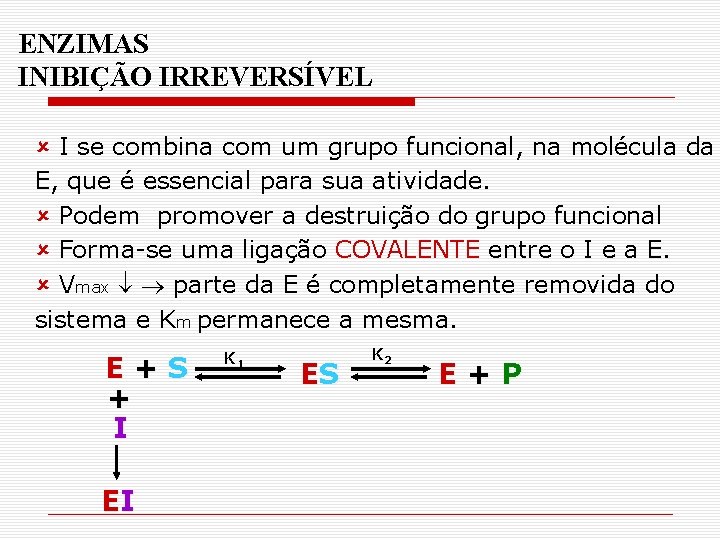 ENZIMAS INIBIÇÃO IRREVERSÍVEL û I se combina com um grupo funcional, na molécula da ENZIMAS INIBIÇÃO IRREVERSÍVEL û I se combina com um grupo funcional, na molécula da