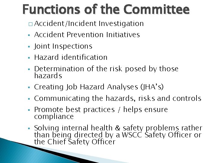 Functions of the Committee � Accident/Incident Investigation § Accident Prevention Initiatives § Joint Inspections