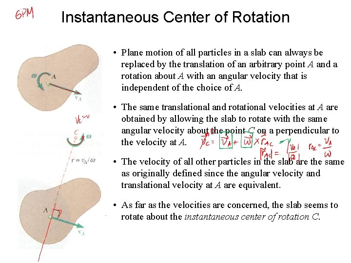 Instantaneous Center of Rotation • Plane motion of all particles in a slab can