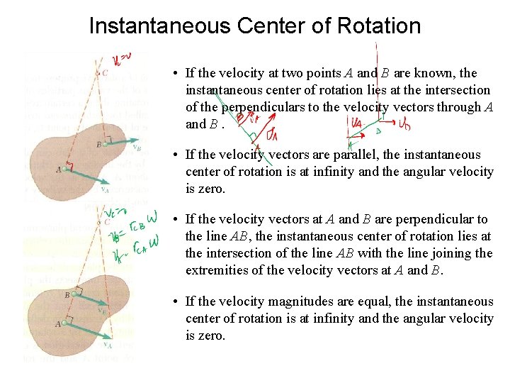 Instantaneous Center of Rotation • If the velocity at two points A and B