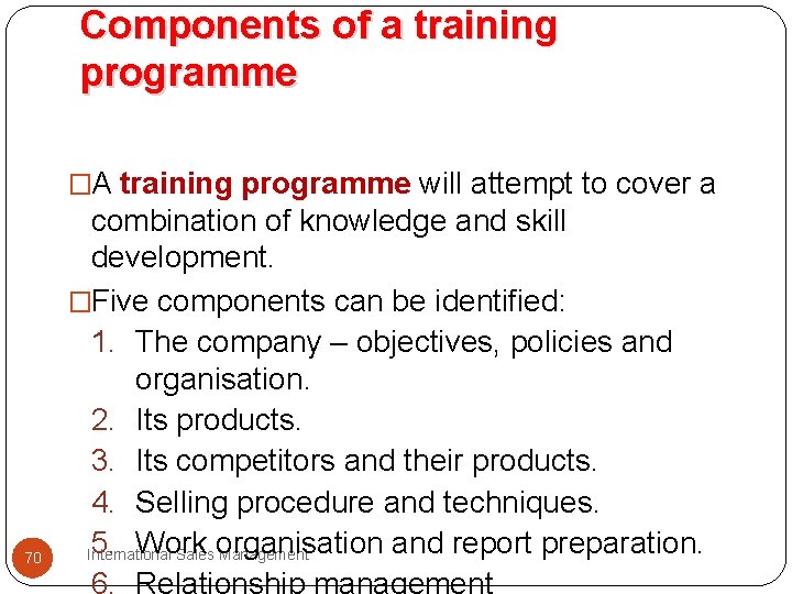 Components of a training programme �A training programme will attempt to cover a 70