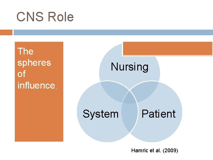 CNS Role The spheres of influence. Nursing System Patient Hamric et al. (2009) 