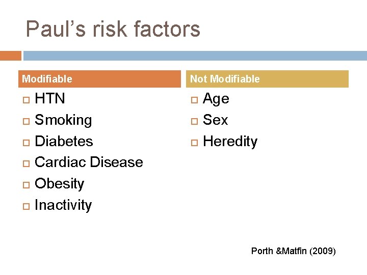 Paul’s risk factors Modifiable HTN Smoking Diabetes Cardiac Disease Obesity Inactivity Not Modifiable Age