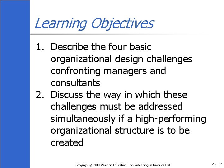 Learning Objectives 1. Describe the four basic organizational design challenges confronting managers and consultants