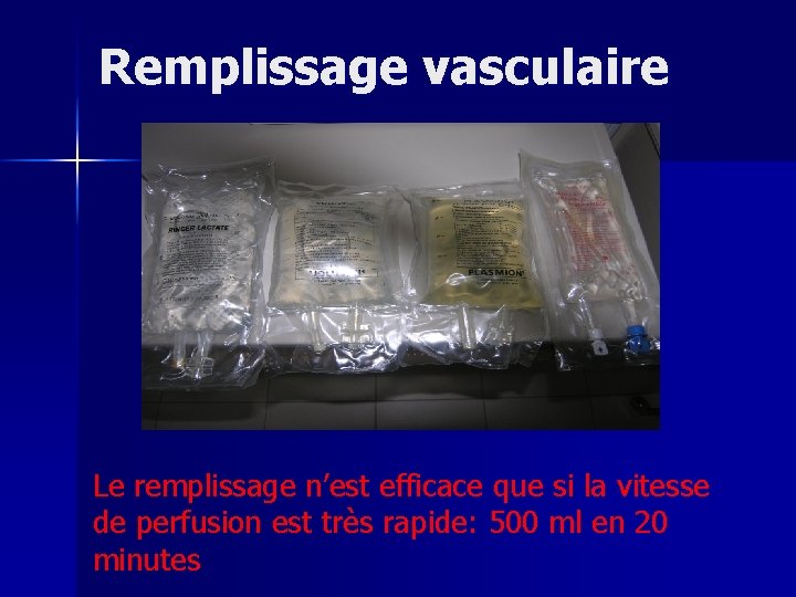 Remplissage vasculaire Le remplissage n’est efficace que si la vitesse de perfusion est très