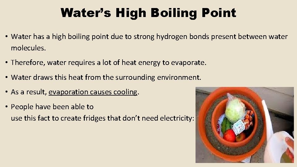 Water’s High Boiling Point • Water has a high boiling point due to strong