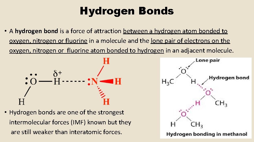 Hydrogen Bonds • A hydrogen bond is a force of attraction between a hydrogen