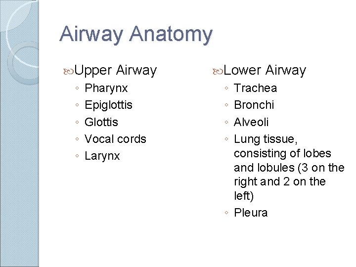 Airway Anatomy Upper ◦ ◦ ◦ Airway Pharynx Epiglottis Glottis Vocal cords Larynx Lower