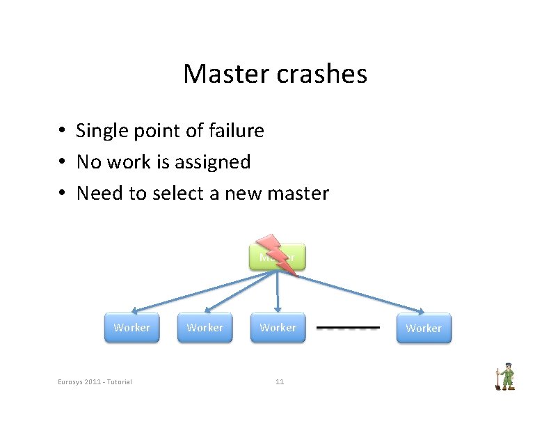 Master crashes • Single point of failure • No work is assigned • Need Master crashes • Single point of failure • No work is assigned • Need