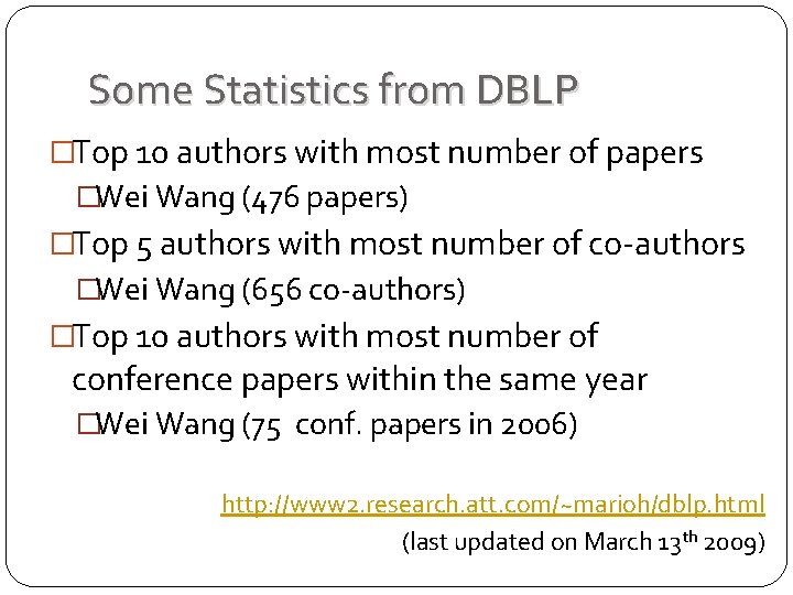 Some Statistics from DBLP �Top 10 authors with most number of papers �Wei Wang Some Statistics from DBLP �Top 10 authors with most number of papers �Wei Wang