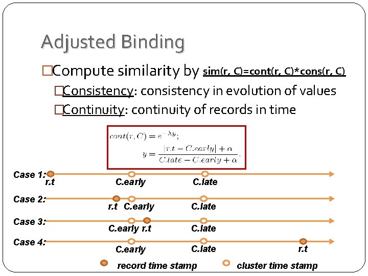 Adjusted Binding �Compute similarity by sim(r, C)=cont(r, C)*cons(r, C) �Consistency: consistency in evolution of Adjusted Binding �Compute similarity by sim(r, C)=cont(r, C)*cons(r, C) �Consistency: consistency in evolution of