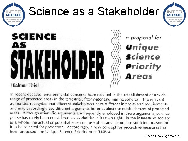 Science as a Stakeholder Ocean Challenge Vol 12, 1 