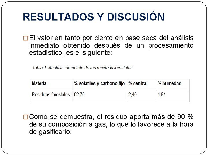 RESULTADOS Y DISCUSIÓN � El valor en tanto por ciento en base seca del