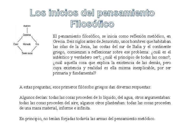 Los inicios del pensamiento Filosófico El pensamiento filosófico, se inicia como reflexión metódico, en