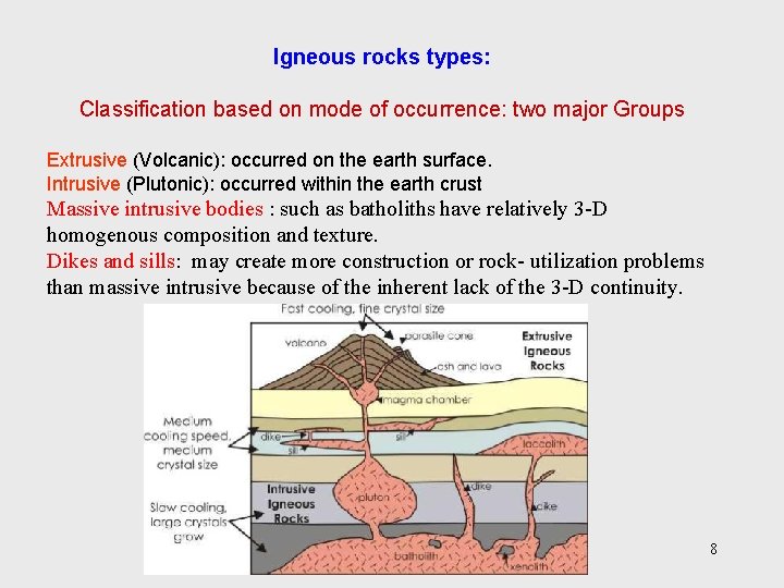 Igneous rocks types: Classification based on mode of occurrence: two major Groups Extrusive (Volcanic):