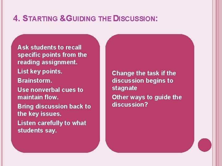 4. STARTING &GUIDING THE DISCUSSION: Ask students to recall specific points from the reading