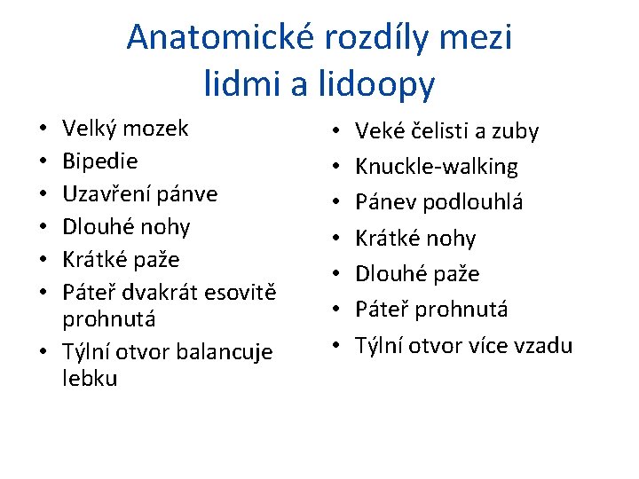 Anatomické rozdíly mezi lidmi a lidoopy Velký mozek Bipedie Uzavření pánve Dlouhé nohy Krátké