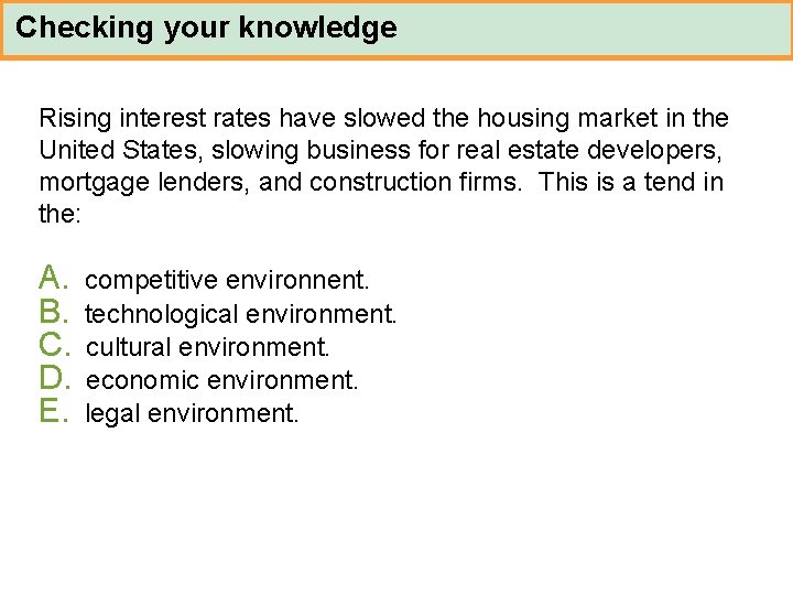 Checking your knowledge Rising interest rates have slowed the housing market in the United