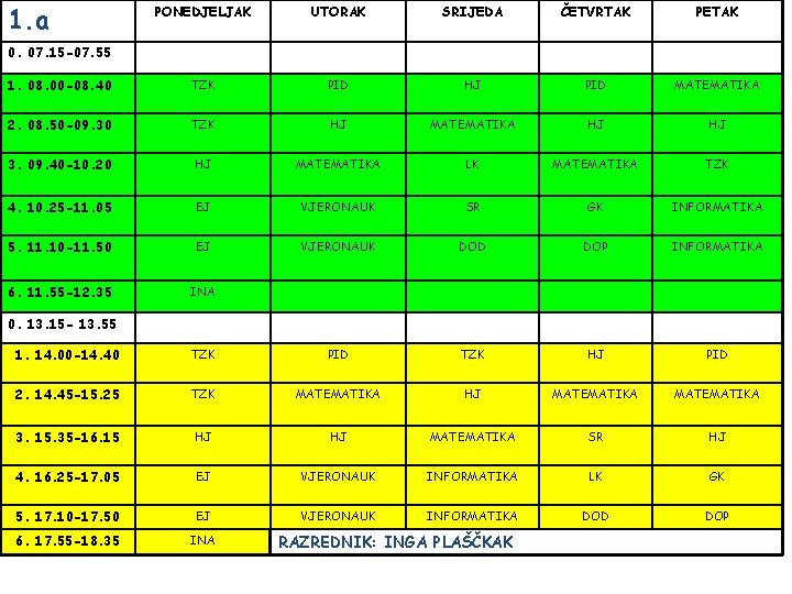 1. a PONEDJELJAK UTORAK SRIJEDA ČETVRTAK PETAK 1. 08. 00 -08. 40 TZK PID