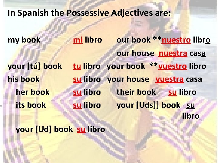 In Spanish the Possessive Adjectives are: my book mi libro our book **nuestro libro
