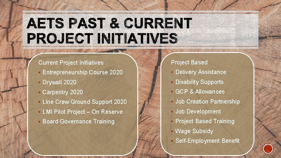 Current Project Initiatives Project Based § Entrepreneurship Course 2020 § Delivery Assistance § Drywall