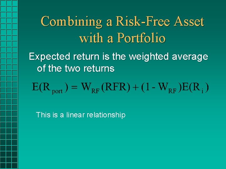Combining a Risk-Free Asset with a Portfolio Expected return is the weighted average of