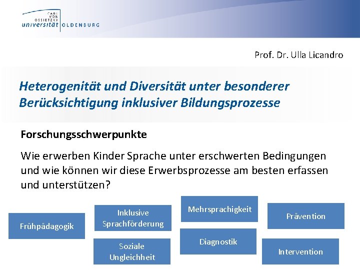 Prof. Dr. Ulla Licandro Heterogenität und Diversität unter besonderer Berücksichtigung inklusiver Bildungsprozesse Forschungsschwerpunkte Wie