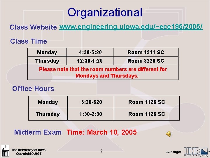 Organizational Class Website www. engineering. uiowa. edu/~ece 195/2005/ Class Time Monday 4: 30 -5: