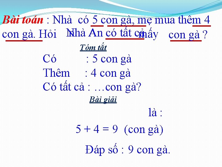 Bài toán : Nhà có 5 con gà, mẹ mua thêm 4 nhà An