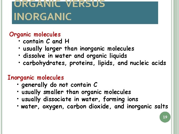 ORGANIC VERSUS INORGANIC Organic molecules • contain C and H • usually larger than