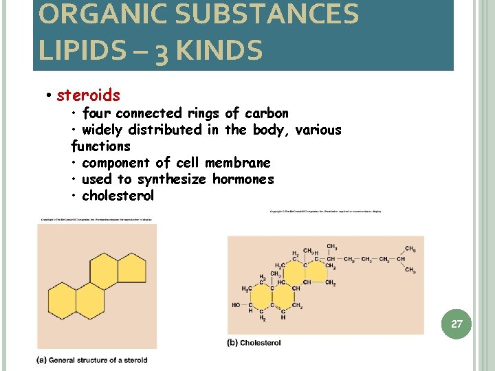 ORGANIC SUBSTANCES LIPIDS – 3 KINDS • steroids • four connected rings of carbon