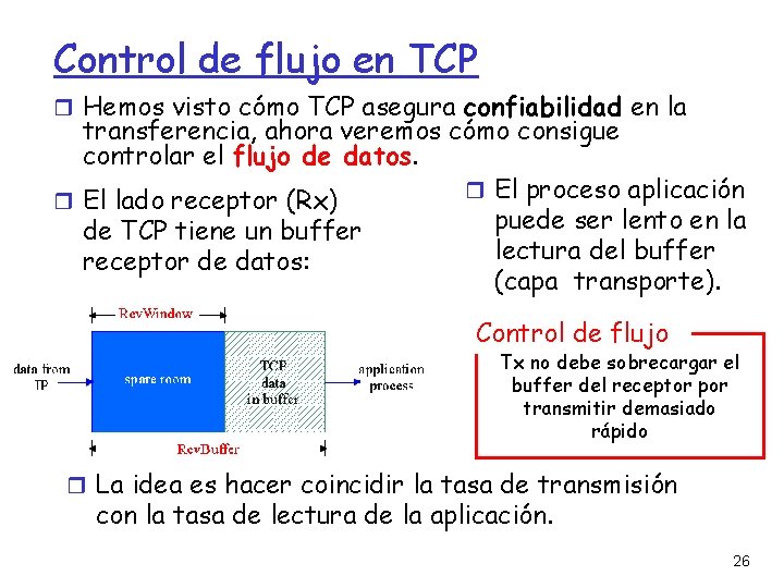 Control de flujo en TCP Hemos visto cómo TCP asegura confiabilidad en la transferencia,