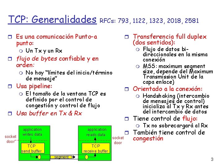 TCP: Generalidades RFCs: 793, 1122, 1323, 2018, 2581 Es una comunicación Punto-a Transferencia full