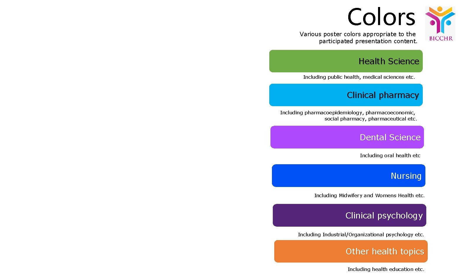 Colors Various poster colors appropriate to the participated presentation content. Health Science Including public