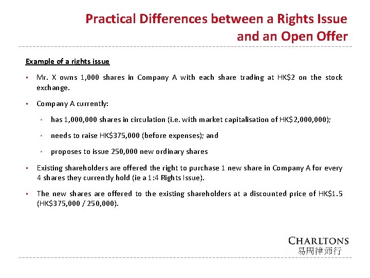 Practical Differences between a Rights Issue and an Open Offer Example of a rights