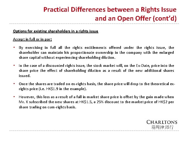 Practical Differences between a Rights Issue and an Open Offer (cont’d) Options for existing