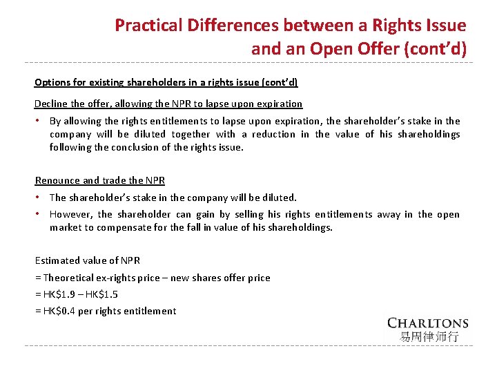 Practical Differences between a Rights Issue and an Open Offer (cont’d) Options for existing