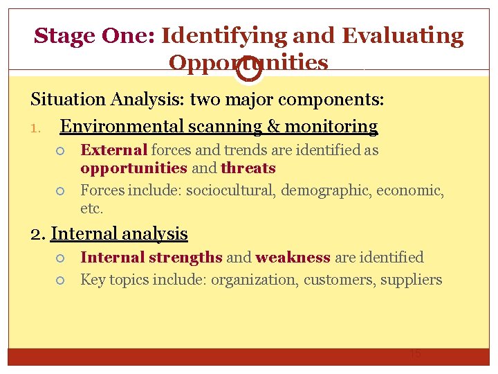 Stage One: Identifying and Evaluating Opportunities Situation Analysis: two major components: 1. Environmental scanning